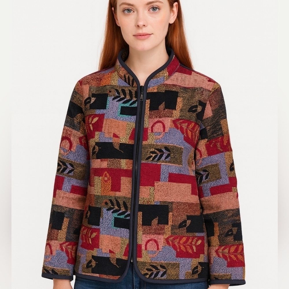 Traditions Artisan Jacket Colorful Tapestry Zip Front Coat Boho Patterned Size 8
